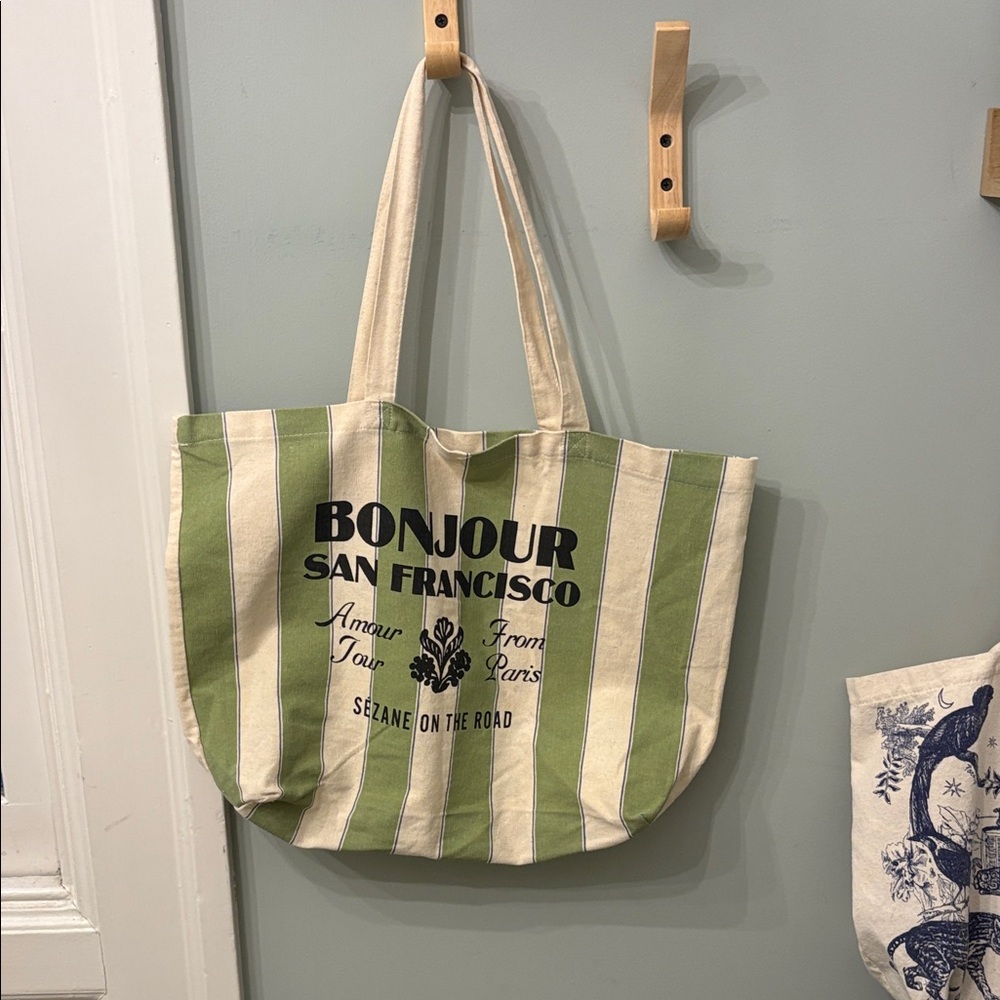 Sézane Green and Cream Striped Tote Bag bonjour San Francisco